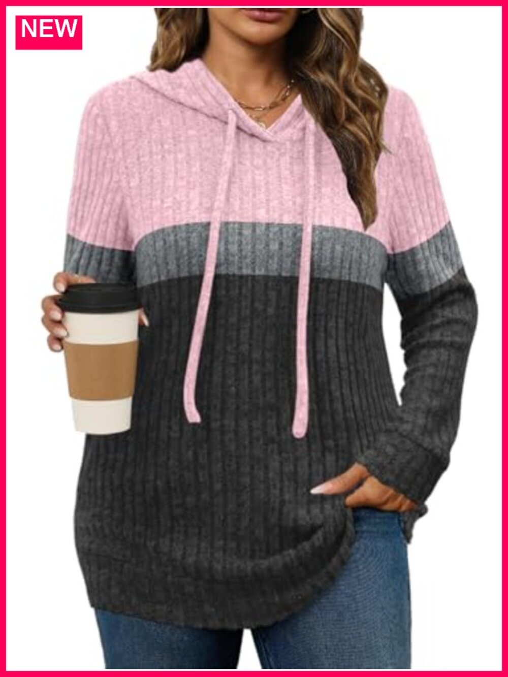 Plus Size Lightweight Ribbed Knit Hoodie Sweater Long Sleeve Pullover Tunic
